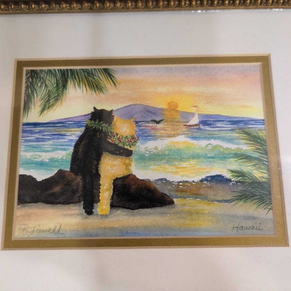 Rebecca Lowell Hawaii Art Print Framed Cats Beach Sunset Gold Ornate Frame - Picture 2 of 7